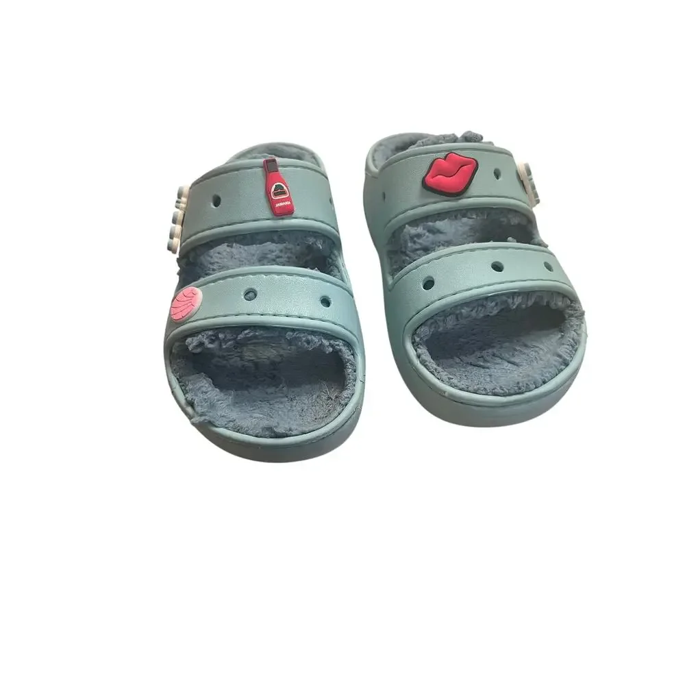 Crocs Woman's 8 Fuzzy Teal Classic Cozzzy Dual Strap Lined Platform Sandals
